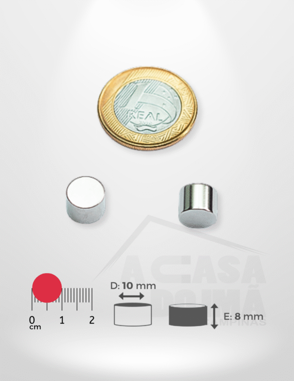 Ímã de Neodímio Cilíndrico - Ø 10 x 8mm