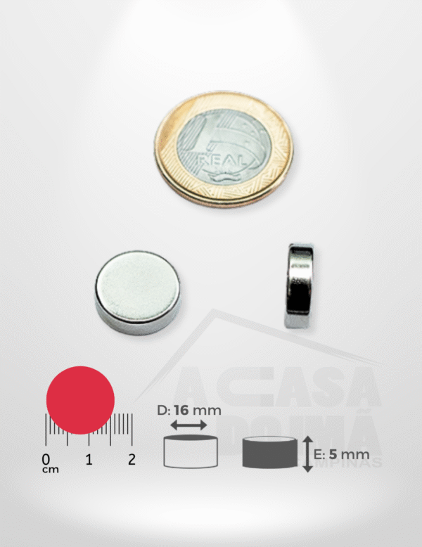 Ímã de Neodímio Cilíndrico - Ø 16 x 5mm