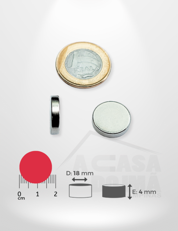 Ímã de Neodímio Cilíndrico - Ø 18 x 4mm