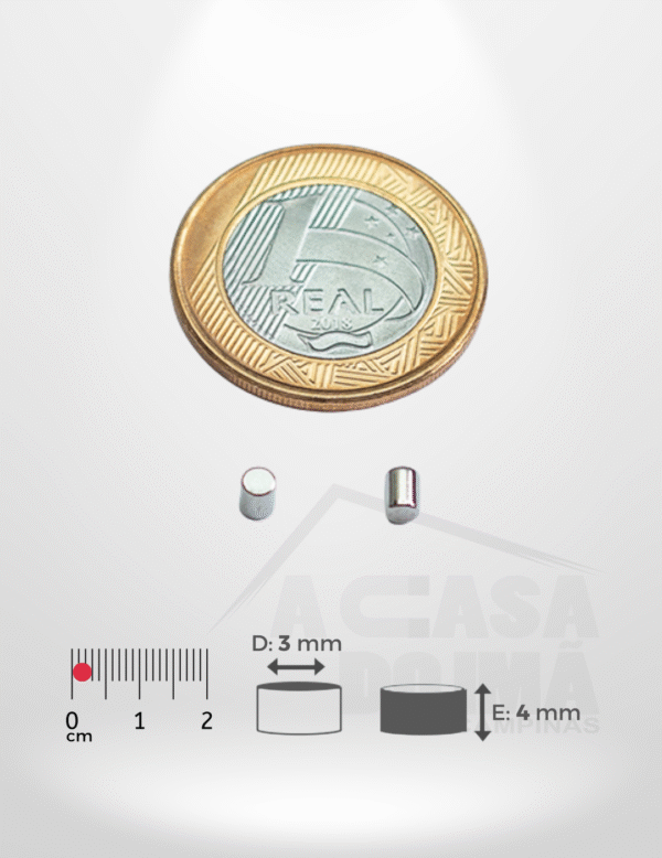 Ímã de Neodímio Cilíndrico - Ø 3 x 4mm