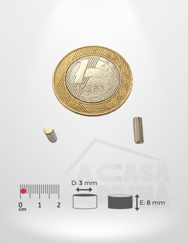 Ímã de Neodímio Cilíndrico - Ø 3 x 8mm