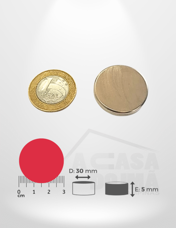 Ímã Neodímio Cilíndrico - Ø 30 x 5mm