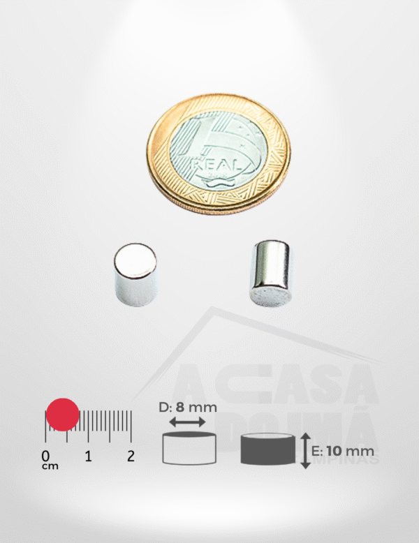 Ímã de Neodímio Cilíndrico - Ø 8 x 10mm