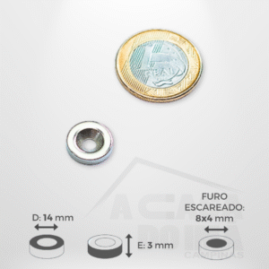 Anel de Neodímio - Ø 14 x 3mm - Com Furo Escareado 8~4mm
