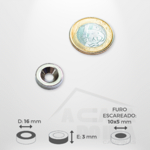 Anel de Neodímio - Ø 16 x 3mm - Com Furo Escareado 10~5mm