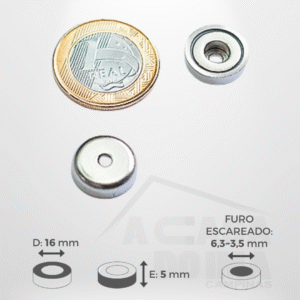 Embuchado de Neodímio - Ø 16 x 5mm - Com Furo Escareado 6,3~3,5mm