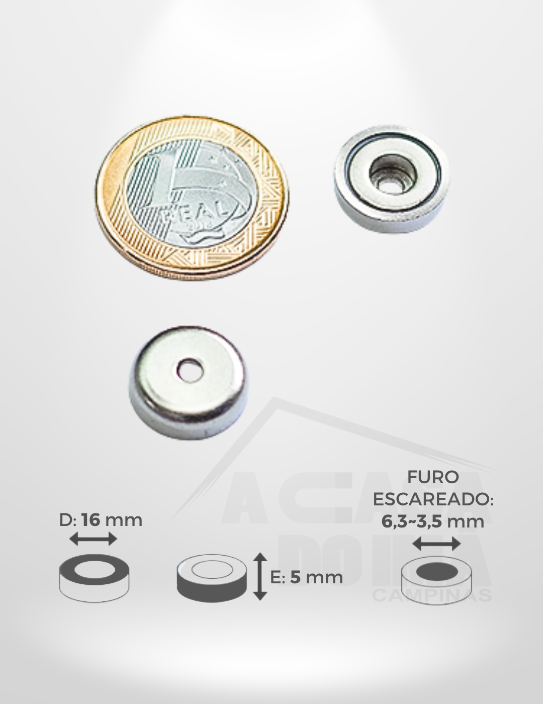 Embuchado de Neodímio - Ø 16 x 5mm - Com Furo Escareado 6,3~3,5mm