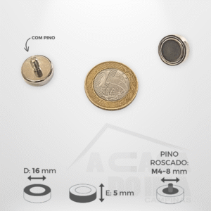 Embuchado de Neodímio - Ø 16 x 5mm - Com Pino Roscado M4~8mm