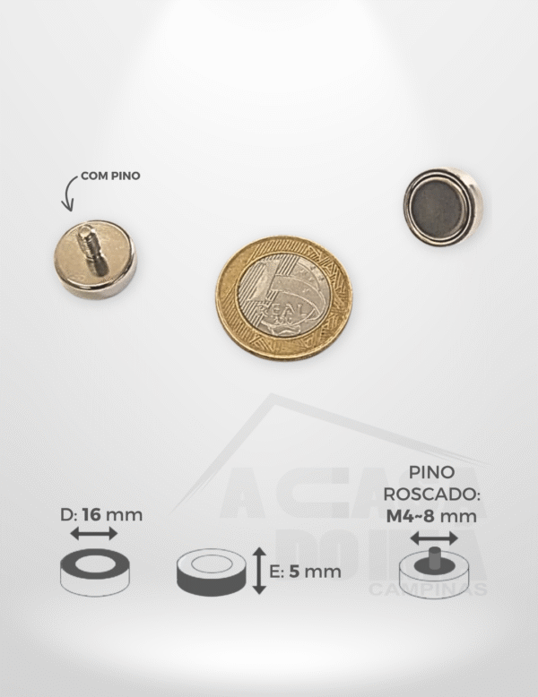 Embuchado de Neodímio - Ø 16 x 5mm - Com Pino Roscado M4~8mm