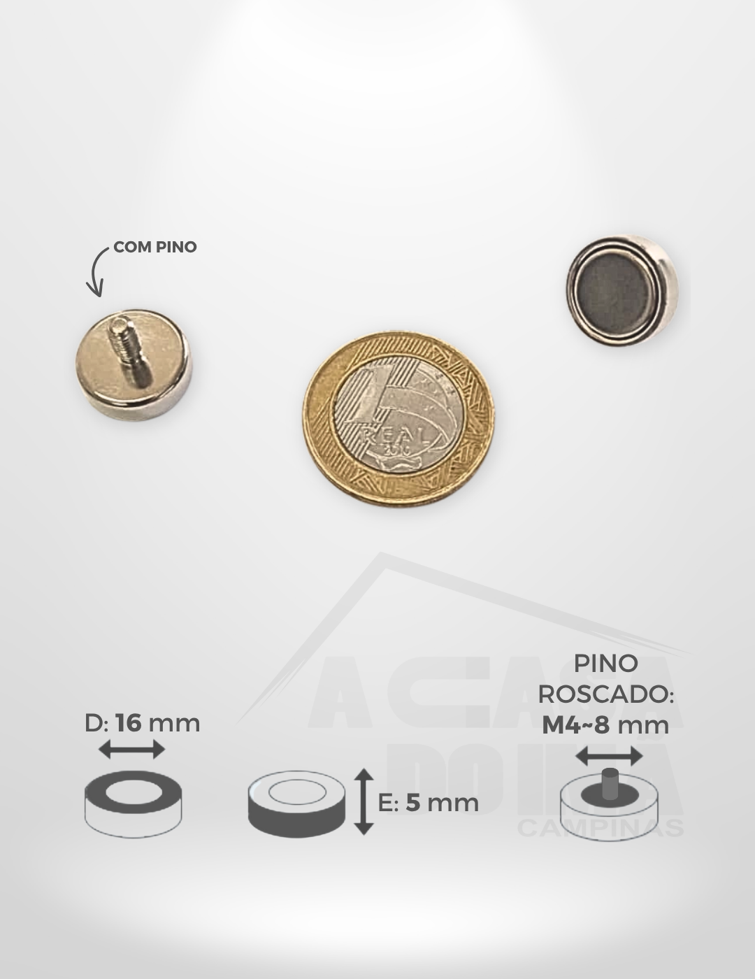 Embuchado de Neodímio - Ø 16 x 5mm - Com Pino Roscado M4~8mm
