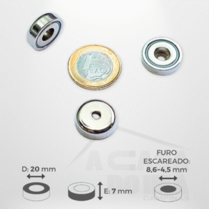 Embuchado de Neodímio - Ø 20 x 7mm - Com Furo Escareado 8,6~4,5mm