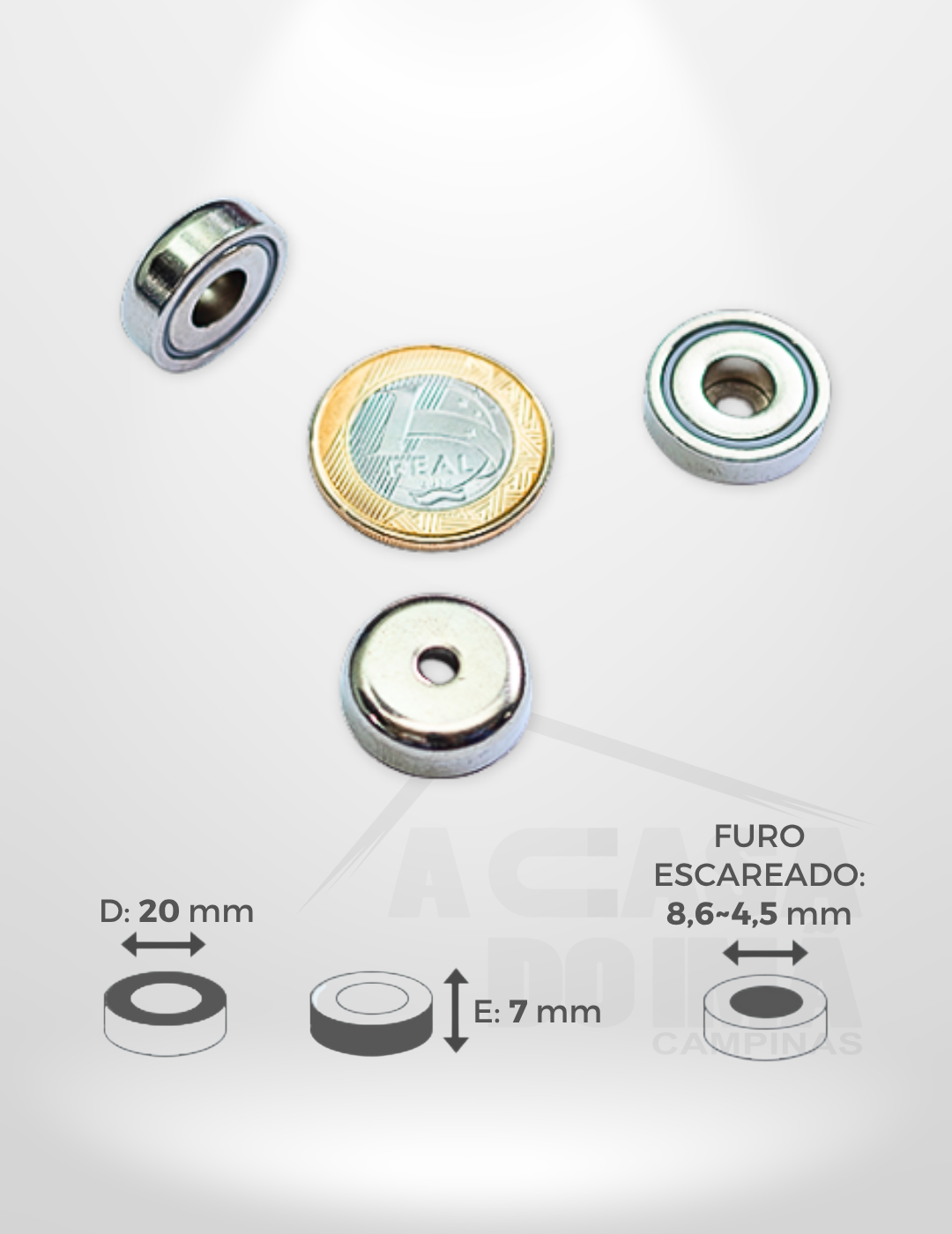 Embuchado de Neodímio - Ø 20 x 7mm - Com Furo Escareado 8,6~4,5mm