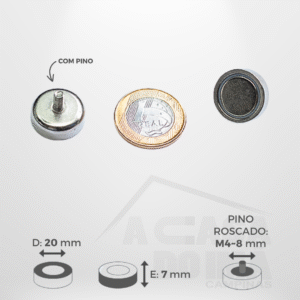 Embuchado de Neodímio - Ø 20 x 7mm - Com Pino Roscado M4~8mm