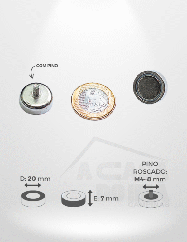 Embuchado de Neodímio - Ø 20 x 7mm - Com Pino Roscado M4~8mm