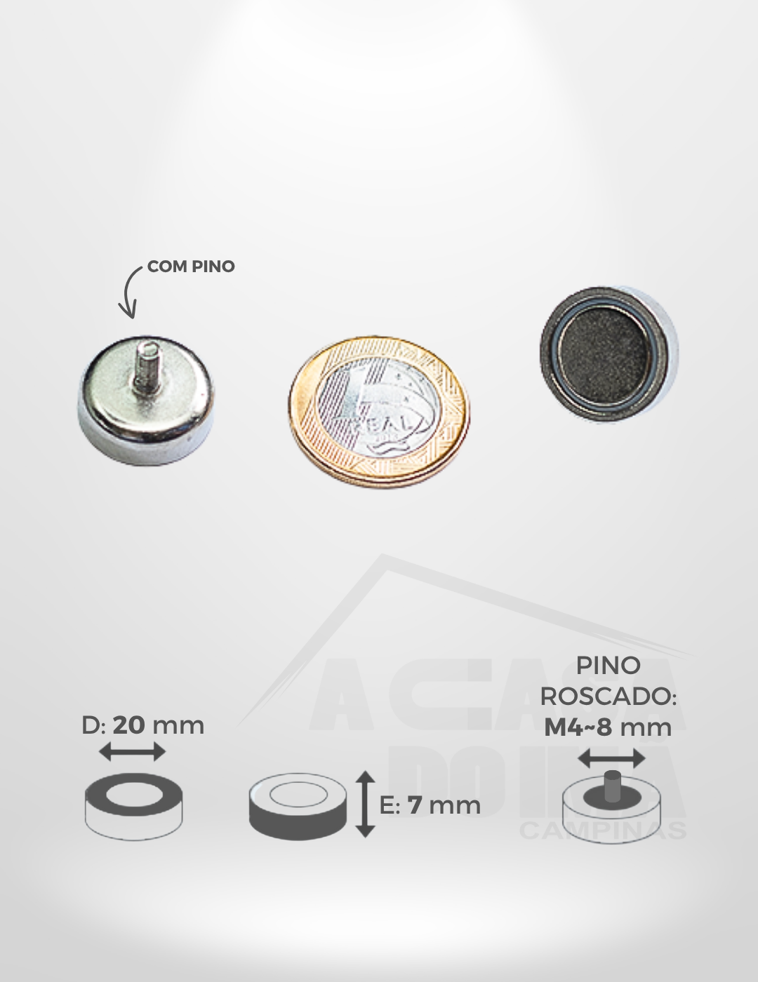 Embuchado de Neodímio - Ø 20 x 7mm - Com Pino Roscado M4~8mm