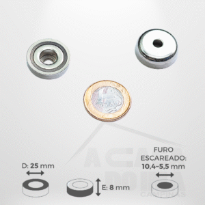 Embuchado de Neodímio - Ø 25 x 8mm - Com Furo Escareado 10,4~5,5mm