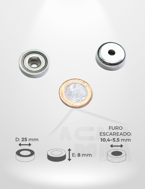Embuchado de Neodímio - Ø 25 x 8mm - Com Furo Escareado 10,4~5,5mm