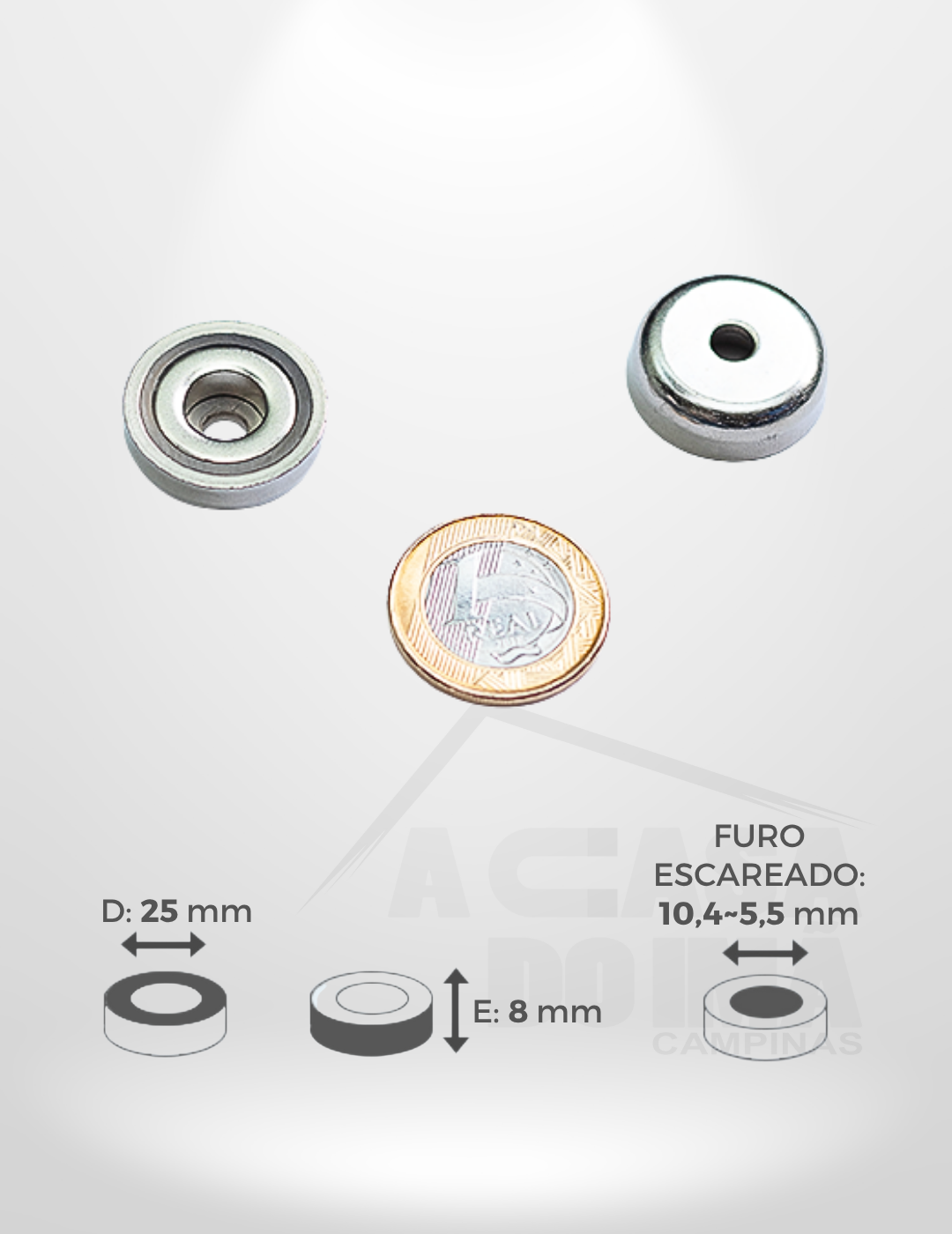 Embuchado de Neodímio - Ø 25 x 8mm - Com Furo Escareado 10,4~5,5mm