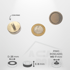 Embuchado de Neodímio - Ø 25 x 8mm - Com Pino Roscado M5~7mm