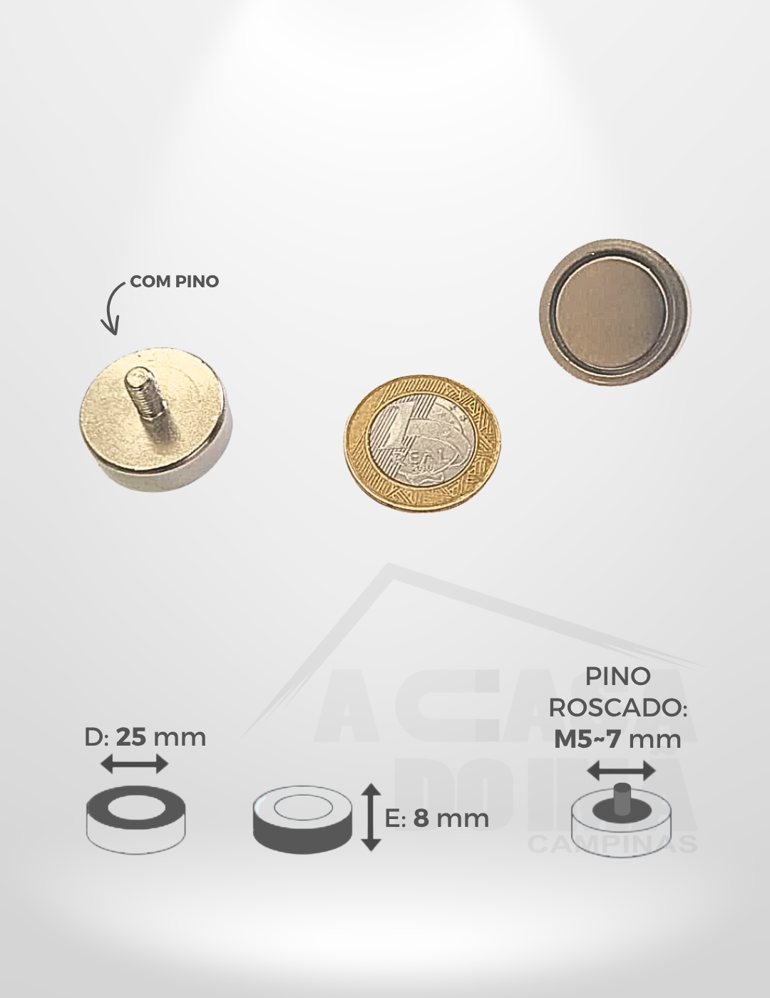 Embuchado de Neodímio - Ø 25 x 8mm - Com Pino Roscado M5~7mm