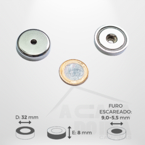 Embuchado de Neodímio - Ø 32 x 8mm - Com Furo Escareado 9,0~5,5mm