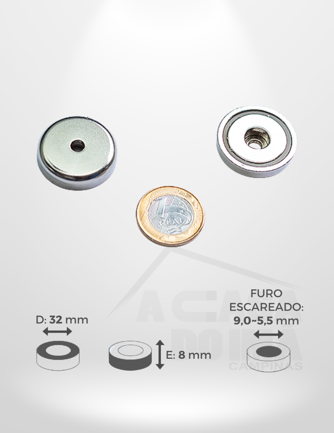 Embuchado de Neodímio - Ø 32 x 8mm - Com Furo Escareado 9,0~5,5mm