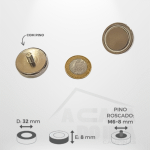 Embuchado de Neodímio - Ø 32 x 8mm - Com Pino Roscado M6~8mm