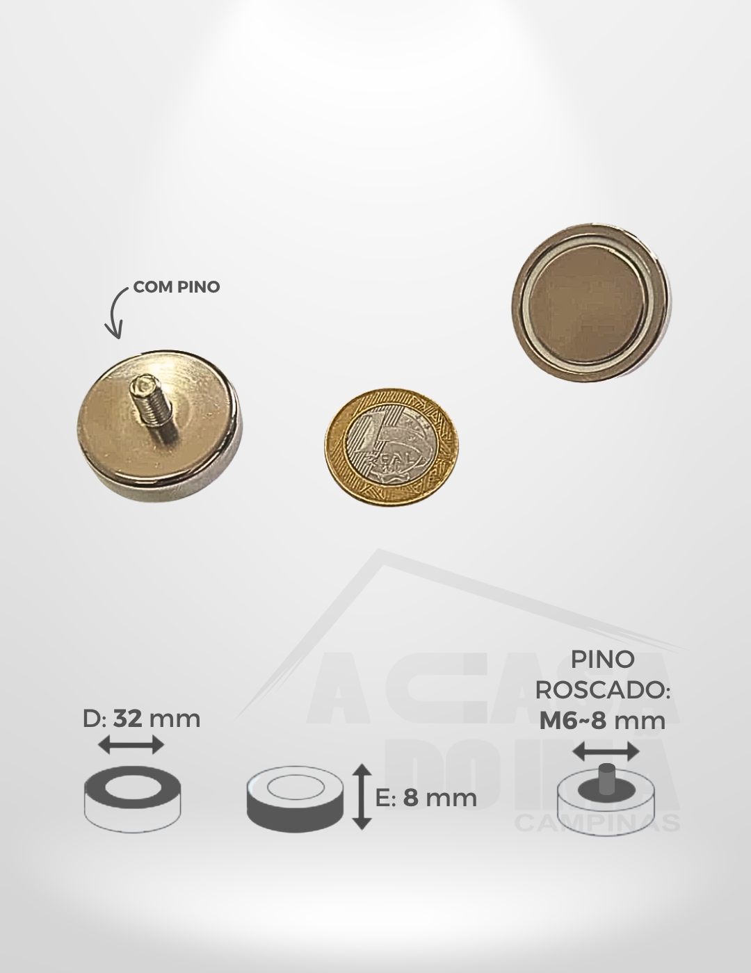 Embuchado de Neodímio - Ø 32 x 8mm - Com Pino Roscado M6~8mm