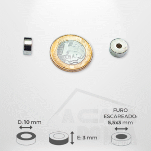 Anel de Neodímio - Ø 10 x 3mm - Com Furo Escareado 5,5~3mm
