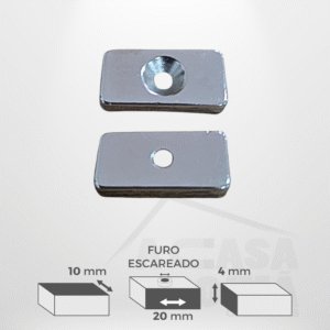 Ímã de Neodímio Retangular - 20 x 10 x 4mm - Furo Escareado