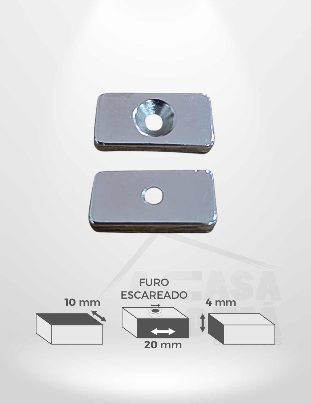 Ímã de Neodímio Retangular - 20 x 10 x 4mm - Furo Escareado